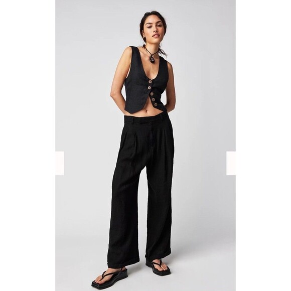 Free People LYLA 100% Linen Trousers 12 Wide Leg Pleated Pintuck Capsule NWT - Picture 1 of 15
